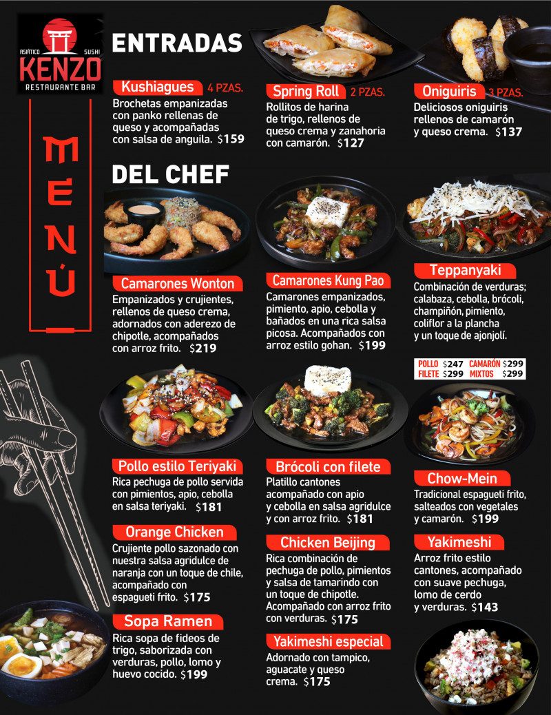 Menú: entradas y platillos del chef (precios sujetos a cambio)