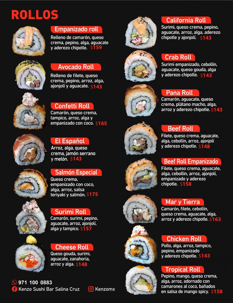 Menú de rollos (precios sujetos a cambio)