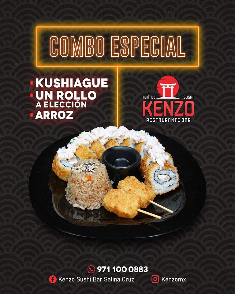 Combo especial: kushiague, rollo a elección y arroz